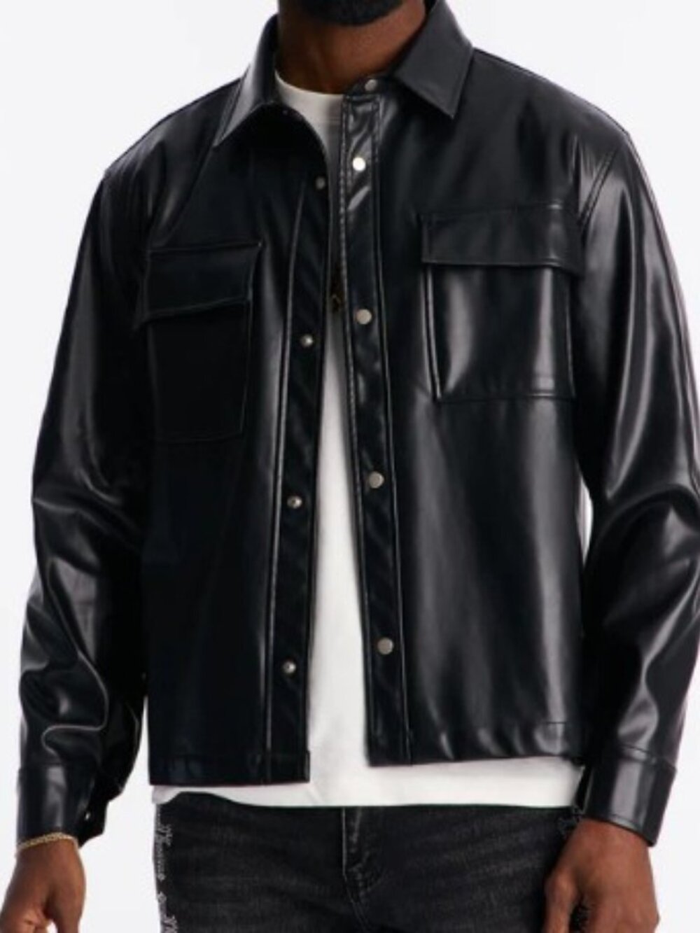 Medium - Urban Command Cropped Faux Leather Button Down Shirt in Black